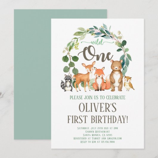 Wild One Woodland Birthday Invitation Boy Kaart (Voorkant / Achterkant)