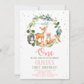 Wild One Woodland Birthday Invitation Girl Kaart (Voorkant)