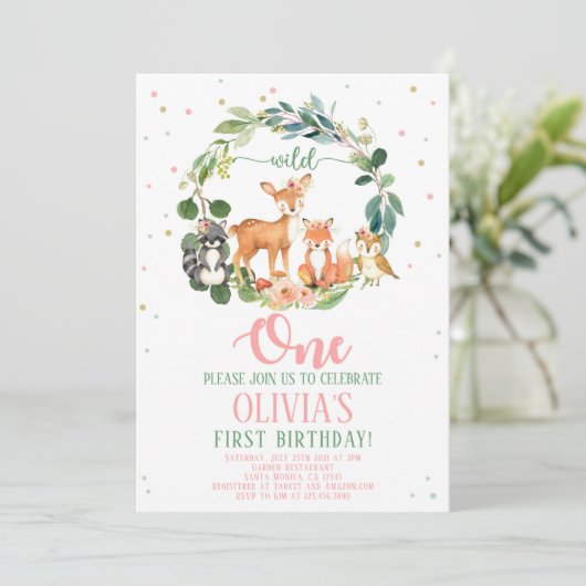 Wild One Woodland Birthday Invitation Girl Kaart (Staand voorkant)