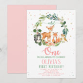 Wild One Woodland Birthday Invitation Girl Kaart (Voorkant / Achterkant)