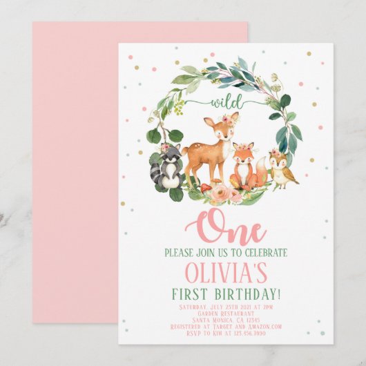 Wild One Woodland Birthday Invitation Girl Kaart (Voorkant / Achterkant)