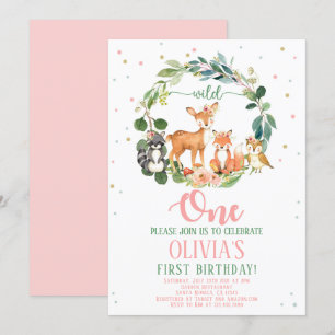 Wild One Woodland Birthday Invitation Girl Kaart