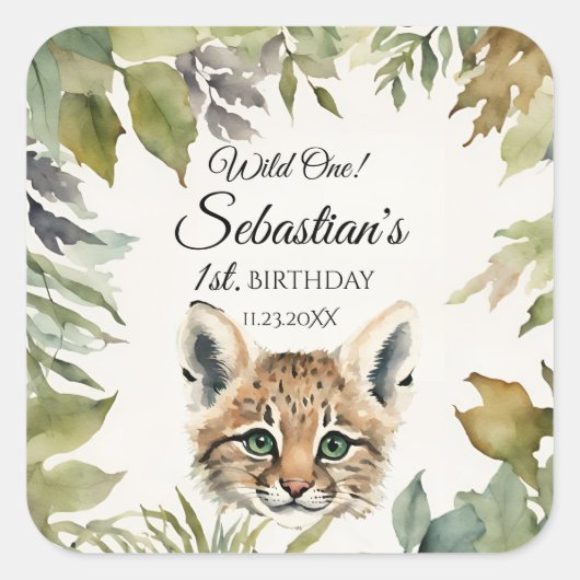 Wild One Woodland Bobcat Verjaardagsfeest Vierkante Sticker (Voorkant)
