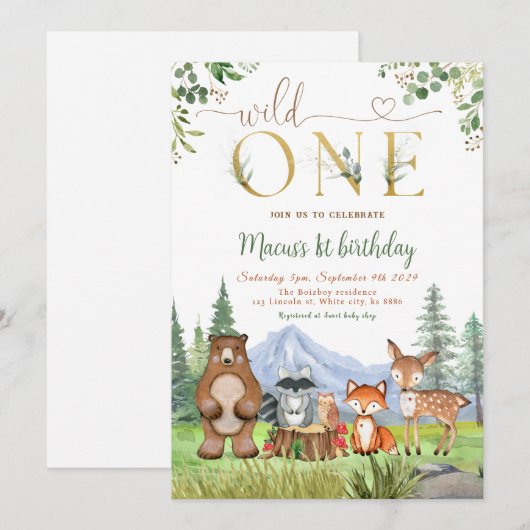 Wild One Woodland Creatures verjaardagsfeestje Kaart (Voorkant / Achterkant)