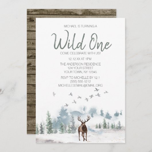 Wild One Woodland Deer Forest First Birthday Kaart (Voorkant / Achterkant)