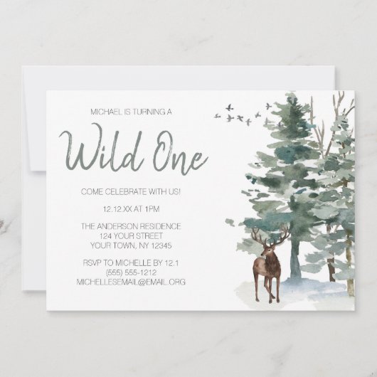 Wild One Woodland Deer Forest Pine First Birthday Kaart (Voorkant)