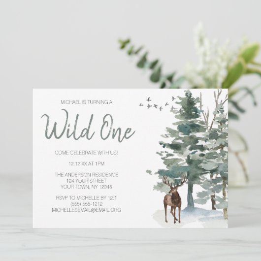 Wild One Woodland Deer Forest Pine First Birthday Kaart (Staand voorkant)