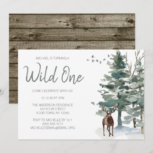 Wild One Woodland Deer Forest Pine First Birthday Kaart (Voorkant / Achterkant)
