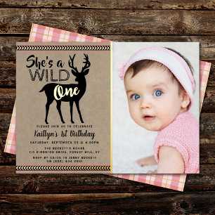 Wild One Woodland Deer Girls 1ste verjaardag Real Folie Uitnodiging