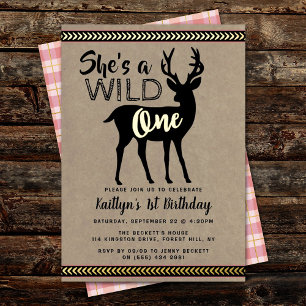 Wild One Woodland Deer Girls 1ste verjaardag Real Folie Uitnodiging