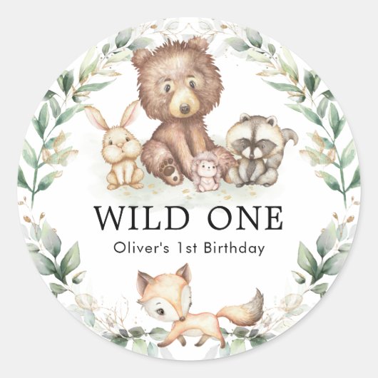 Wild One Woodland Forest Dieren Groen Verjaardag Ronde Sticker (Voorkant)