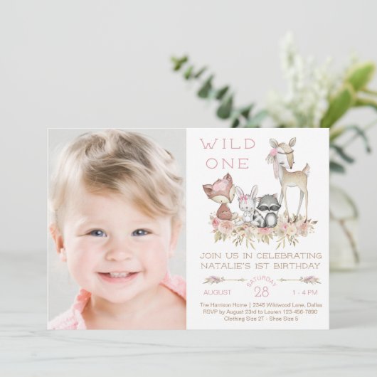 Wild One Woodland Girl Foto Eerste Verjaardagsfees Kaart (Staand voorkant)