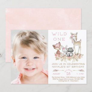 Wild One Woodland Girl Foto First Birthday Party Kaart