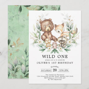 Wild One Woodland Greenery Gold Birthday Party Kaart