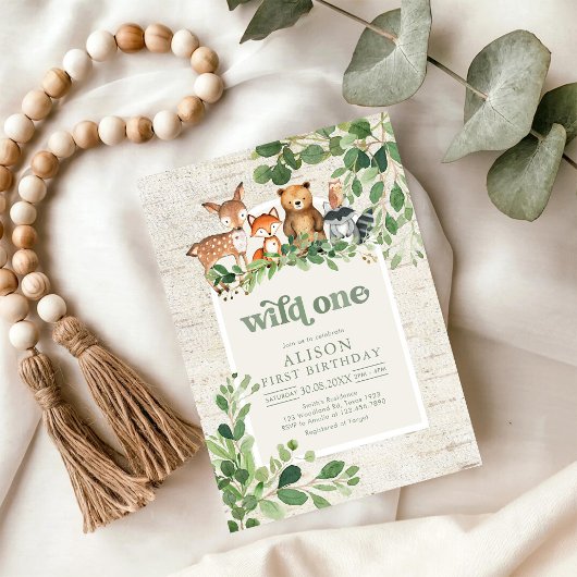 Wild One Woodland Party Animals 1st Birthday Kaart