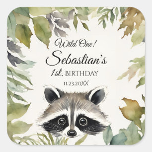 Wild One Woodland Raccoon Verjaardagsfeestje Vierkante Sticker