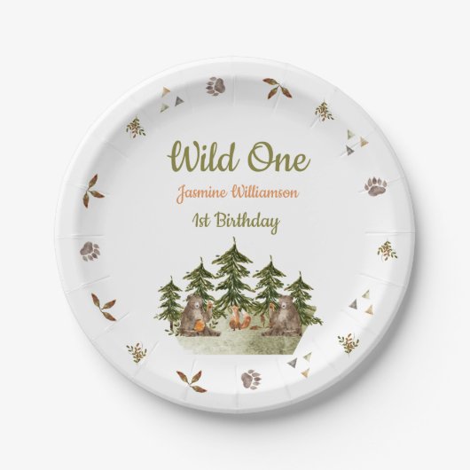 Wild One Woodland Thema waterverf Verjaardagsfeest Papieren Bordje (Voorkant)