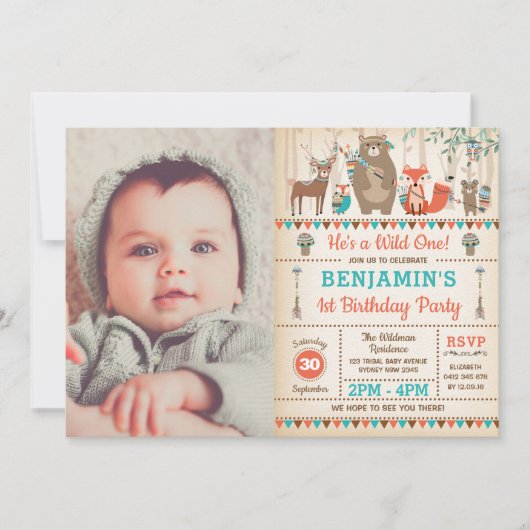 Wild One Woodland Tribal Animals Verjaardagsfoto Kaart (Voorkant)