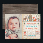 Wild One Woodland Tribal Animals Verjaardagsfoto Kaart<br><div class="desc">Eerste verjaardag van Tribal Woodland met schattige bosdieren - beer,  herten,  vos,  uil en eekhoorn</div>