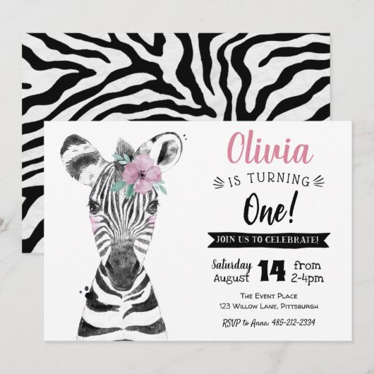 Wild One Zebra | Meisje 1e Verjaardag uitnodiging (Voorkant / Achterkant)