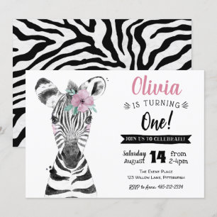 Wild One Zebra   Meisje 1e Verjaardag uitnodiging