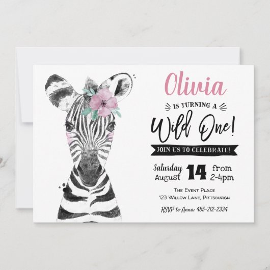 Wild One Zebra | Meisje 1e Verjaardag uitnodiging (Voorkant)