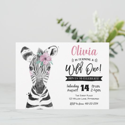 Wild One Zebra | Meisje 1e Verjaardag uitnodiging (Staand voorkant)