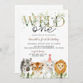 Wild One Zoo Animal Birthday Invitation Kaart (Voorkant / Achterkant)