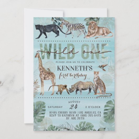 Wild One Zoo Animal Birthday Invitation Kaart (Voorkant)
