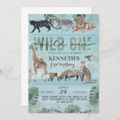 Wild One Zoo Animal Birthday Invitation Kaart (Voorkant / Achterkant)