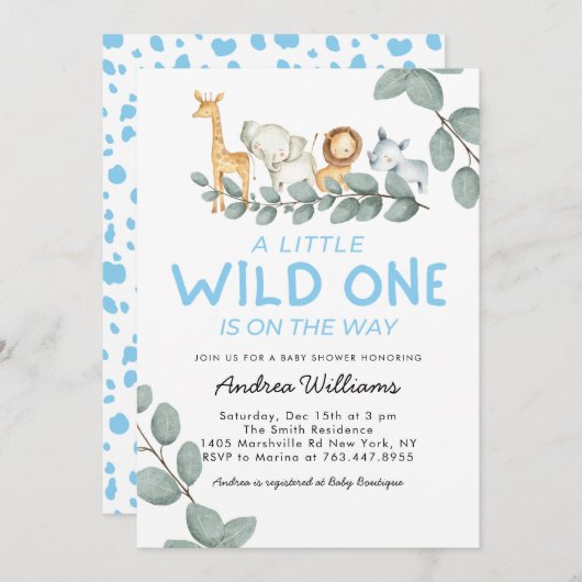 Wild One Zoo Animals Boy Baby shower Invitation Kaart (Voorkant / Achterkant)