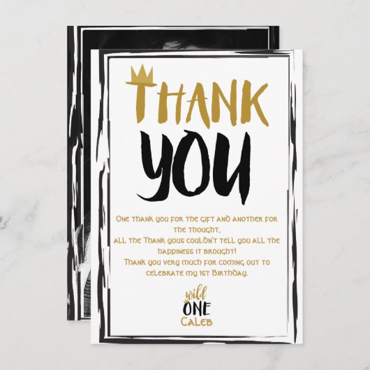 Wild One Zwart Goud Foto 1 1e Verjaardag Bedankt Kaart (Voorkant / Achterkant)