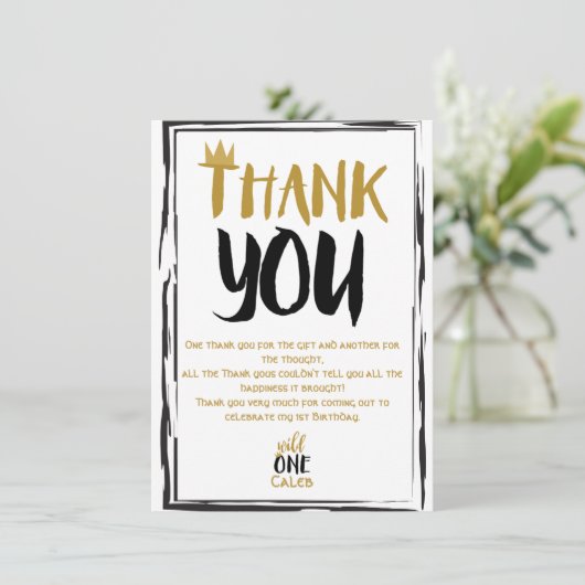 Wild One Zwart Goud Foto 1 1e Verjaardag Bedankt Kaart (Staand voorkant)