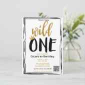Wild One Zwart + Goud Foto 1 1e Verjaardag QR code Kaart (Staand voorkant)