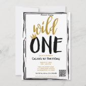 Wild One Zwart + Goud Foto 1 1e Verjaardag QR code Kaart (Voorkant)