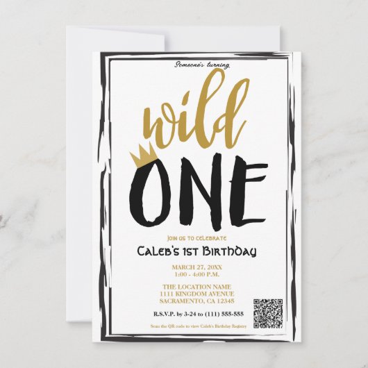 Wild One Zwart + Goud Foto 1 1e Verjaardag QR code Kaart (Voorkant)