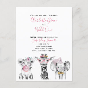 Wild One Zwart Wit Roze Meisje Verjaardagsfeest Uitnodiging Briefkaart