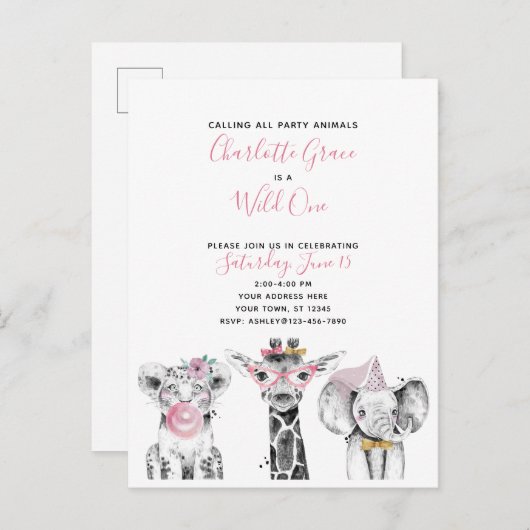 Wild One Zwart Wit Roze Meisje Verjaardagsfeest Uitnodiging Briefkaart (Voorkant / Achterkant)