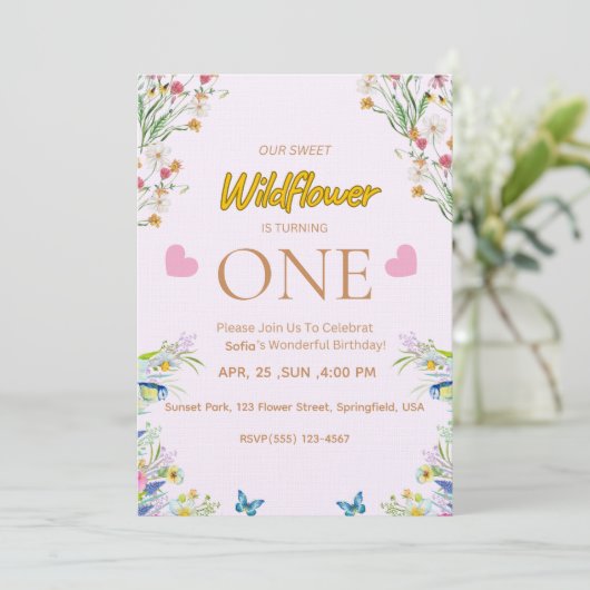 Wild & Onederful Floral Birthday Invitation Kaart (Staand voorkant)