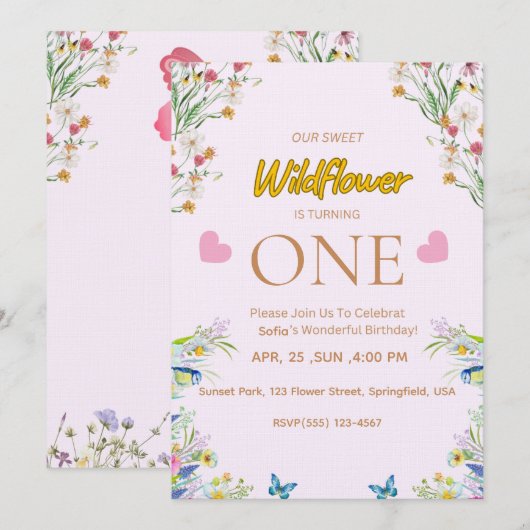 Wild & Onederful Floral Birthday Invitation Kaart (Voorkant / Achterkant)