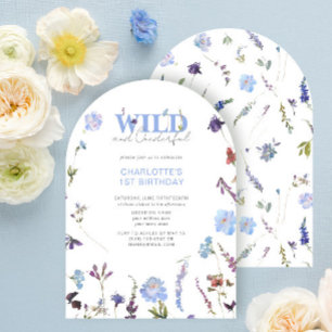 Wild & Onederful Girl 1st Birthday Blue Floral Inv Kaart