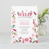 Wild & Onederful Roze Bloemen Meisje 1e Verjaardag Kaart (Staand voorkant)