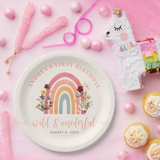 Wild & Onederful Wildflower Regenboog 1e Verjaarda Papieren Bordje (Feest)