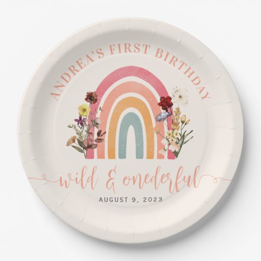 Wild & Onederful Wildflower Regenboog 1e Verjaarda Papieren Bordje (Voorkant)