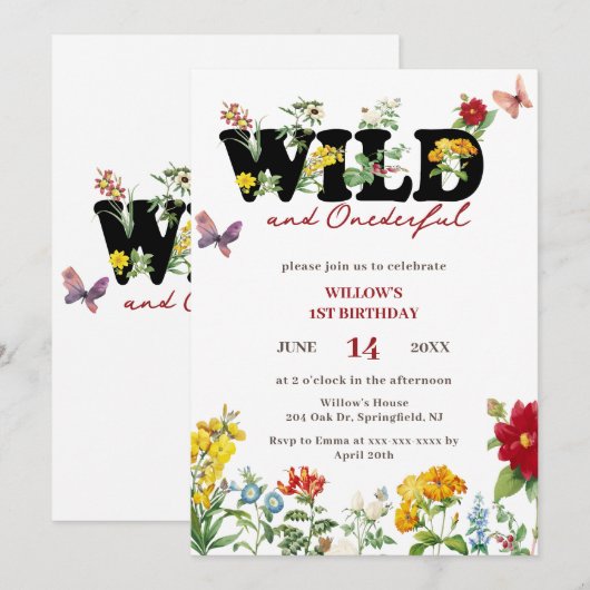 Wild & Onederful Wildflower Zomer 1e Verjaardag Kaart (Voorkant / Achterkant)