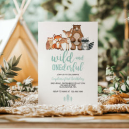 Wild Onederful Woodland Animal First Birthday Invi Kaart