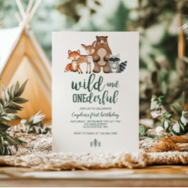 Wild Onederful Woodland Animal First Birthday Invi Kaart