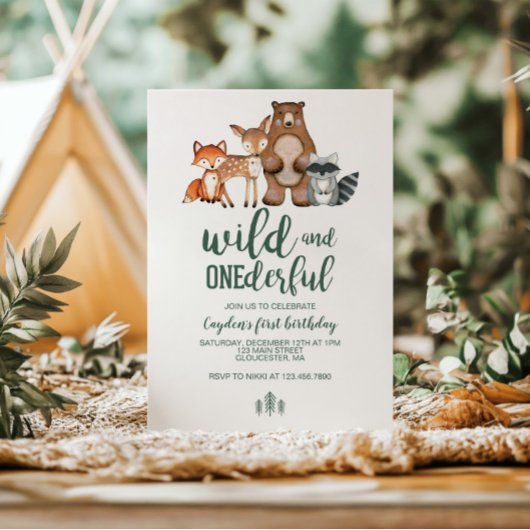 Wild Onederful Woodland Animal First Birthday Invi Kaart
