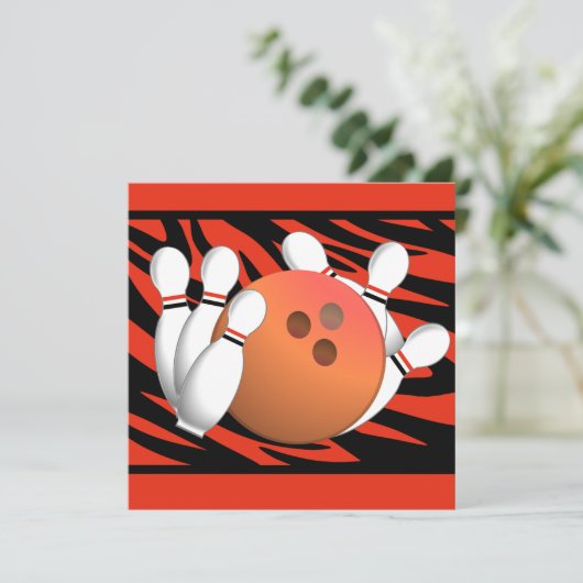 Wild Oranje Zebra Stripe Bowling Party Kaart (Staand voorkant)