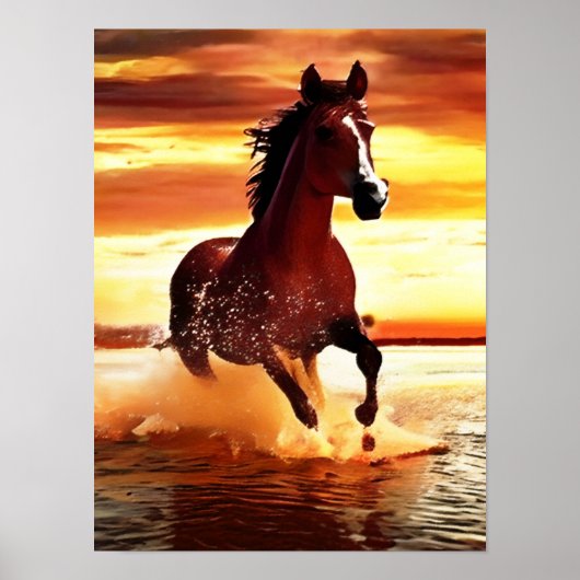 Wild paard dat door de branding galoppeert poster (Voorkant)